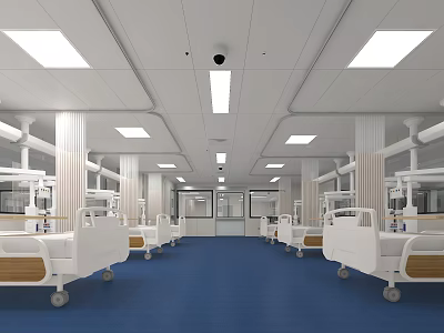 Modern Hospital Ward Interior With Multiple Medical Beds Blue Flooring White Ceiling And Monitoring Cameras 3d model