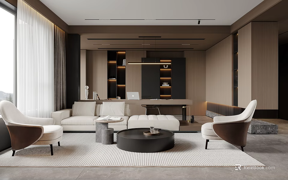 Modern Living and Dining Room Interior With Light Sofa Round Coffee Table And Pendant Lighting 3d model