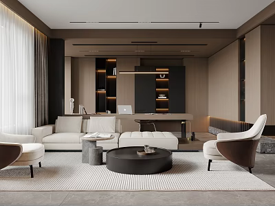 Modern Living and Dining Room Interior With Light Sofa Round Coffee Table And Pendant Lighting 3d model