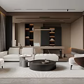 Modern Living and Dining Room Interior With Light Sofa Round Coffee Table And Pendant Lighting 3d model