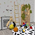 Tree Shaped Decorative Cabinet in Playroom with Children Toys Balls Car and Blocks