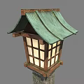 Japanese Style Garden Lantern With Green Roof Wooden Frame Glass Windows On Mossy Stone Pillar