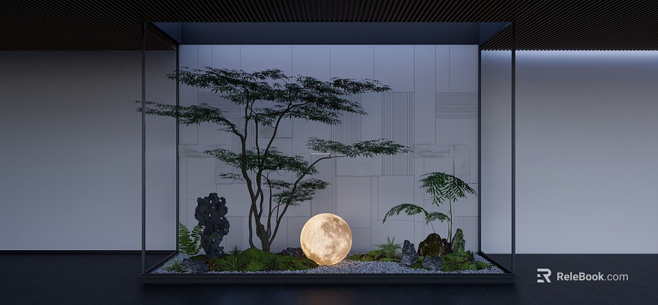 Natural Indoor Landscape With Tree Glowing Moon Rocks And Green Plants 3d model 