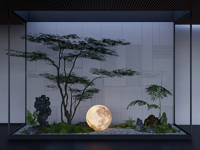 Natural Indoor Landscape With Tree Glowing Moon Rocks And Green Plants 3d model
