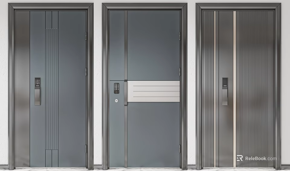 Modern Security Doors With Various Designs Electronic Locks And Metallic Texture 3d model 