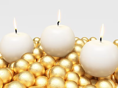 Decorative White Candle Lamps with Burning Flames Surrounded by Golden Spheres 3d model
