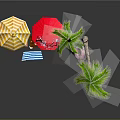 Beach Outdoor Setup With Palm Trees Yellow Red Umbrellas And Chairs
