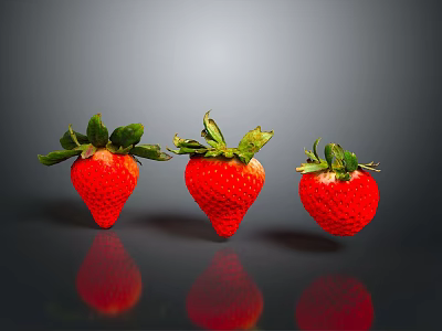 Fresh Red Strawberries With Green Leaves On Black Background With Reflections 3d model