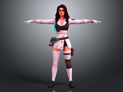 Female Mechanic Character With Long Brown Hair Glasses Black Vest White Top And Tool Belt 3d model