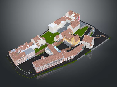 3D Model of Historic Town District with Red Roofs Central Green and Street Layout 3d model