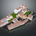 3D Model of Historic Town District with Red Roofs Central Green and Street Layout