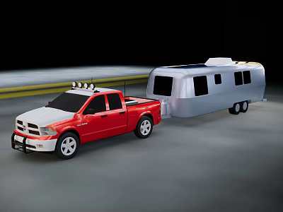 Red Pickup Truck Utility Vehicle Towing Silver Camper Trailer on Road 3d model