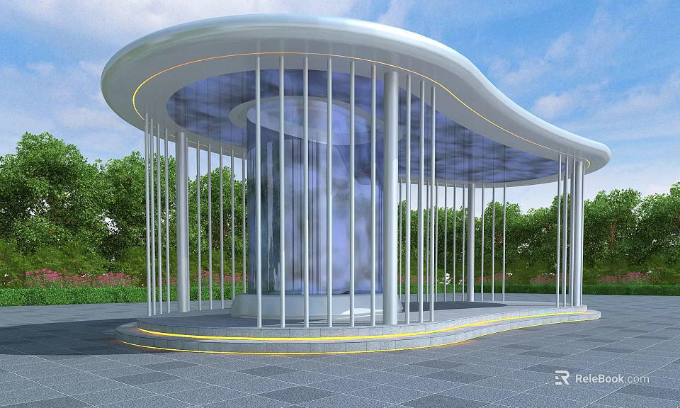 Modern Pergola Design With Curved Roof White Columns Green Trees And Paved Floor 3d model 