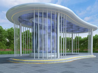 Modern Pergola Design With Curved Roof White Columns Green Trees And Paved Floor 3d model