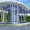 Modern Pergola Design With Curved Roof White Columns Green Trees And Paved Floor