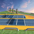 Outdoor Fitness Facility With Two Tennis Courts And Curved Running Track On Green Grass