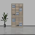 Modern Beige Console Side Cabinet With Storage Shelves Drawers And Green Plant