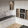 Contemporary White Kitchen With Marble Countertop Island Black Appliances And Wooden Flooring