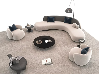 Modern Curved Sofa Coffee Table Set with Armchairs Throw Pillows Floor Lamp on Gray Rug 3d model
