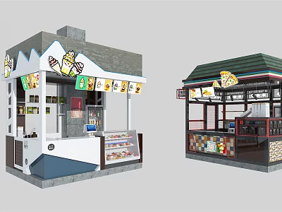 Colorful Food Kiosks With Awning Banners Display Counters And Green Roof 3d model