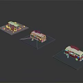 Red And White Food Truck Models With Top Signboard Displayed On Platforms