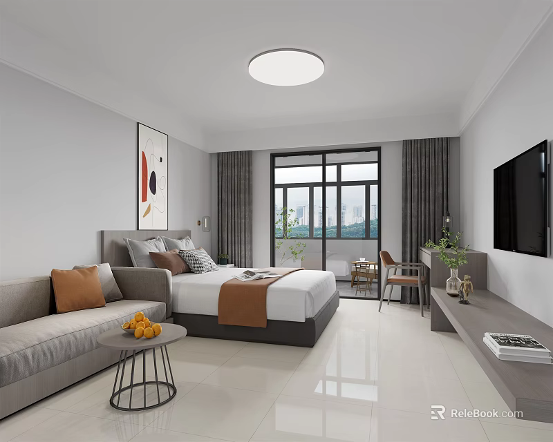 Bright Modern Hotel Guest Room Interior With Sofa Bed TV Window And Decorative Elements 3d model 