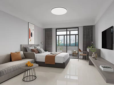 Bright Modern Hotel Guest Room Interior With Sofa Bed TV Window And Decorative Elements 3d model