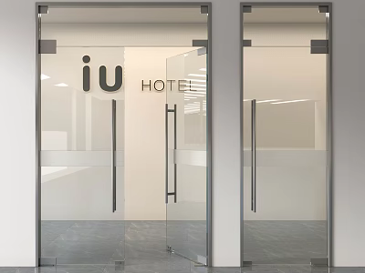 Glass Double Doors For Hotel Entrance With iu HOTEL Sign And Modern Design 3d model