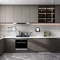 Modern Kitchen Interior With Grey Cabinets Marble Countertops And Appliances