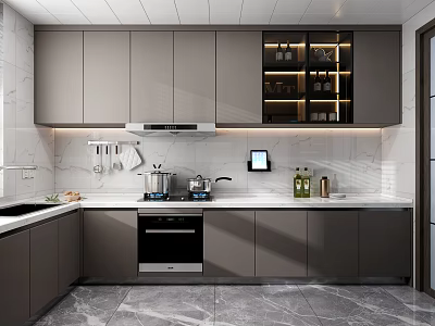 Modern Kitchen Interior With Grey Cabinets Marble Countertops And Appliances 3d model