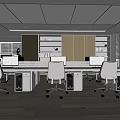 Modern Public Office Space With White Ergonomic Chairs Wooden Bookshelves And Desks