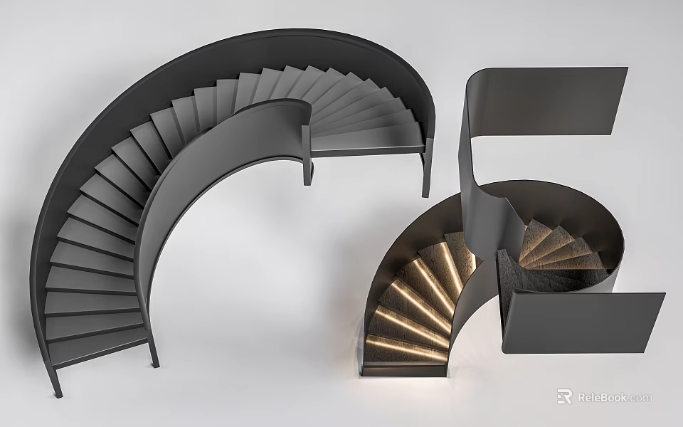 Modern Spiral Staircase Design With Black Metal Structure And Integrated LED Lighting Features 3d model 