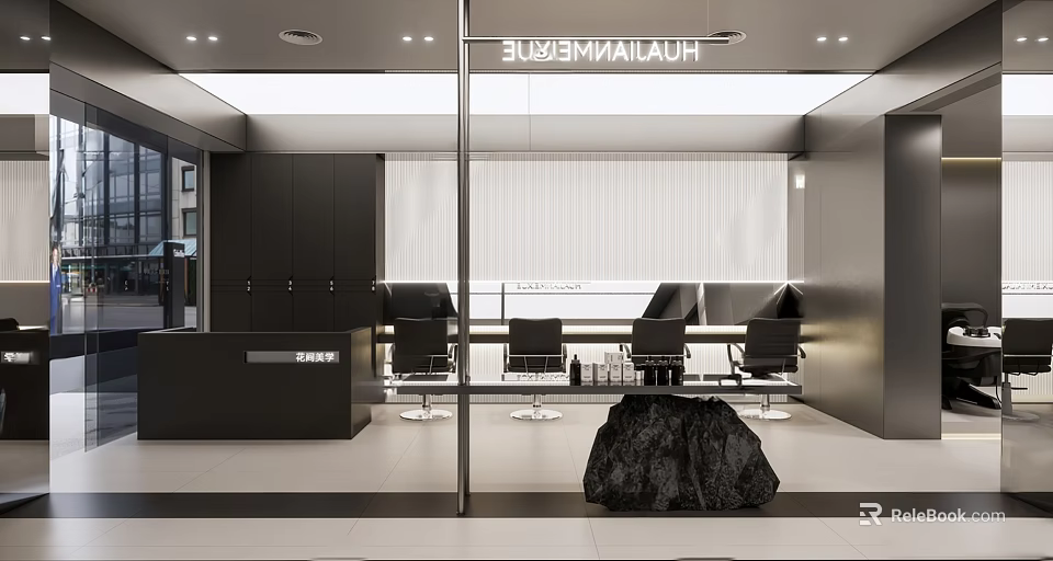 Modern Hair Salon Interior Design With Reception Desk Black Chairs And Glass Windows 3d model 