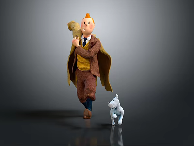 Cartoon Character With Brown Cape Holding Small Puppy And White Little Dog 3d model