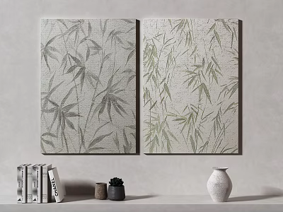 Bamboo Leaf Canvas Paintings With Books Potted Plant And White Vase 3d model