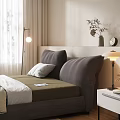 Cozy Double Bed in Modern Bedroom with Beige Walls White Curtains and Floor Lamp