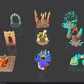 Cartoon Fantasy 3D Scene Components With Various Colors Arches Rocks Flames And Ice Blocks