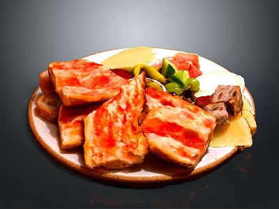 Delicious Meat Platter With Red Sliced Meat Green Vegetables And Yellow Cheese 3d model