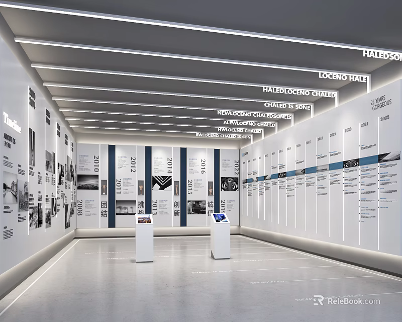 Modern Exhibition Hall Interior With Display Boards Information Charts And Digital Kiosks 3d model 