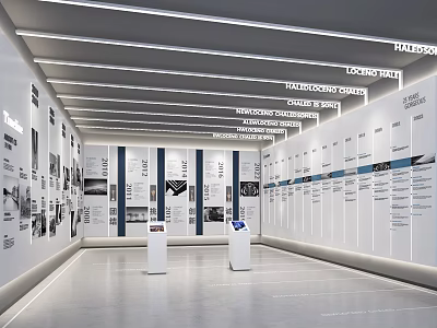 Modern Exhibition Hall Interior With Display Boards Information Charts And Digital Kiosks 3d model