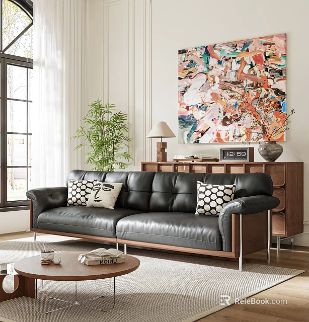 Black Leather Sectional Sofa With Decorative Pillows Colorful Abstract Painting And Green Plant 3d model 