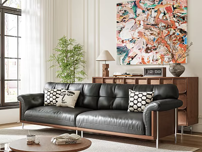 Black Leather Sectional Sofa With Decorative Pillows Colorful Abstract Painting And Green Plant 3d model