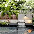 Outdoor Feature Wall With Brick Lattice Design Marble Countertop Waterfall Wall Light And Lush Plants