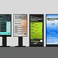 Four Standing Digital Signage Displays Featuring Different Information Content Screens 3d model