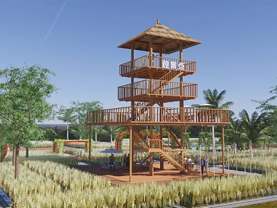 Multi Level Wooden Pergola with Observation Deck Spiral Staircase Railings Surrounded by Trees and Field 3d model