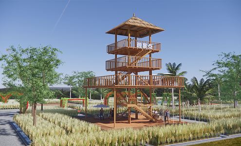 Modern Watchtower Viewing Tower Viewing Platform Viewing Tower Mountain Wooden Plank Road Thatched House Village Corridor Viewing Tower 3d model