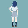 Young Woman In School Uniform With White Shirt Gray Pleated Skirt And Blue Hair