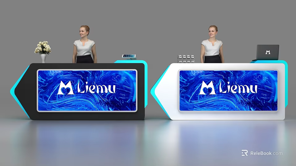 Stylish Modern Reception Desks With Liemu Logo Blue Screen And Receptionist 3d model 