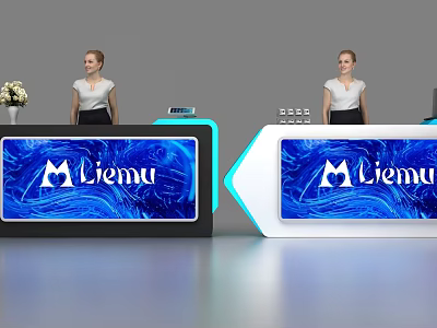Stylish Modern Reception Desks With Liemu Logo Blue Screen And Receptionist 3d model