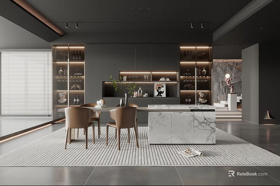 Modern Open Restaurant Interior With Dining Table Chairs And Wine Storage 3d model 
